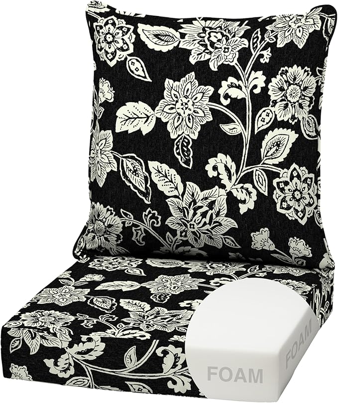 Arden Outdoor Foam Deep Seat Cushion Set, 22 in x 24 in, Weather-Proof, Rain-Proof, Fade Resistant Patio Cushion, Bottom and Back Cushion for Chair, Sofa, and Couch Ashland Black Jacobean