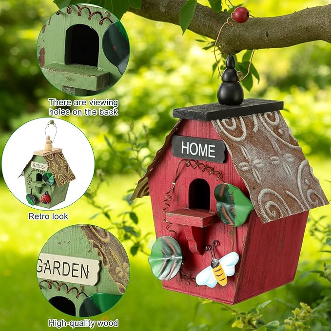 2 Pcs Decorative Birdhouse for Yard Outside Hanging Wooden Birdhouse Hand Painted Bird Box for Bird Lovers Bluebird Tree Swallow Wild Chickadee Garden Decor(Red,Green,Iron Roof)