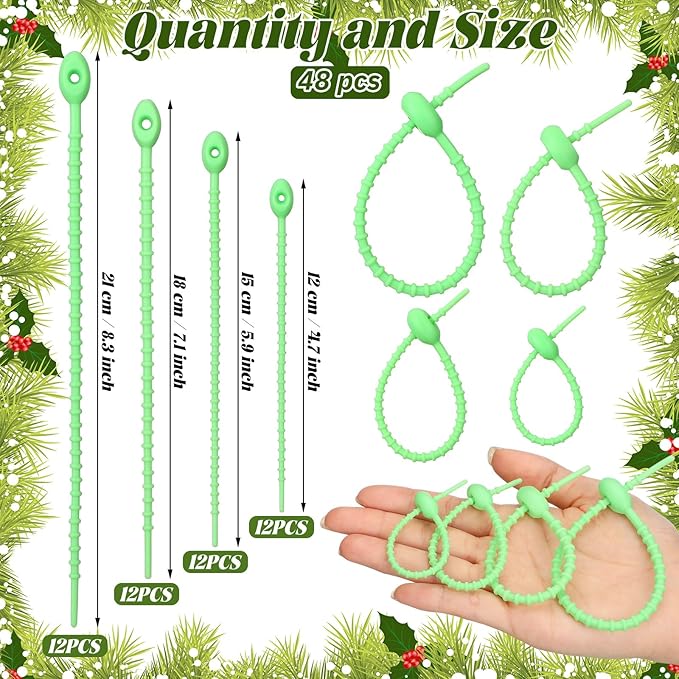 48 Pcs Green Christmas Flexible Garland Ties Assorted Size Adjustable Decorative Soft Ties Reusable Banister Garland Straps for Christmas Tree Mantel Fences Holiday Craft Wrapping