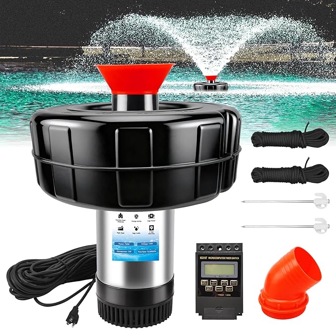 RAMATA Pond Fountain Aerator 1HP 750W 110V/15000 GPH Floating Fountain Pump, 120FT Power Cord, Multifunctional time Controller, Stainless Steel Body, Aerator Pump for Small & Large Ponds and Lakes