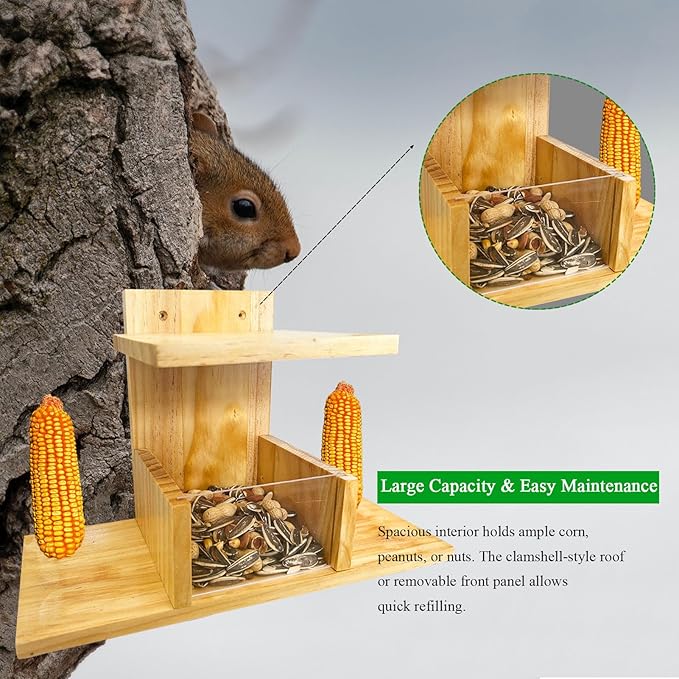 Squirrel Feeder, Wooden Squirrel Feeders for Outside, Durable Chipmunk Feeding House Corn Cob Holder and Peanut Nuts Tray for Outdoors, Easy to Clean & Refill, Waterproof