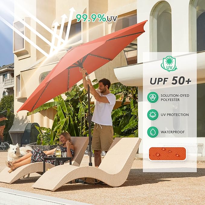 JEAREY 10FT Outdoor Patio Umbrella with Solar Lights, LED Lighted Pool Umbrella with Tilt and Crank, Outdoor Table Umbrellas for Deck, Yard & Market(Orange)