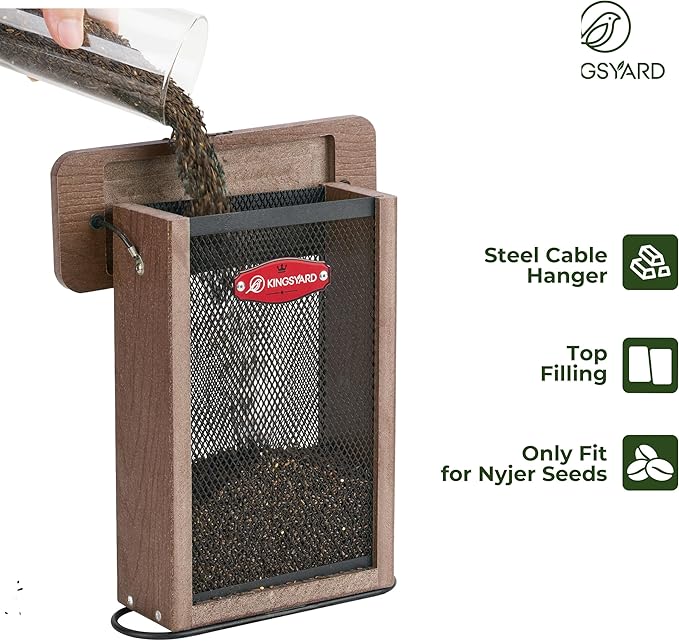 Kingsyard Finch Feeder for Outside Hanging, Metal Mesh Bird Feeders for Thistle/Nyjer Seed, Sliding Mesh & Built-in Perch, Recycled Plastic, Brown