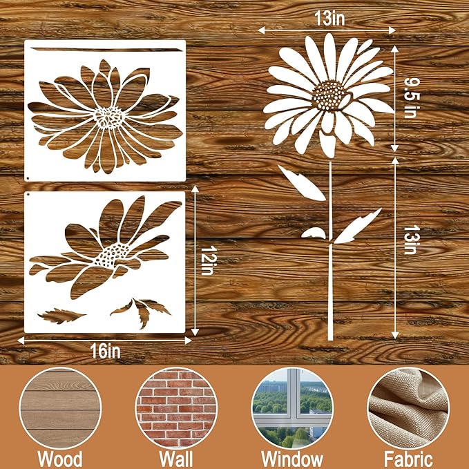 6Pcs Large Flower Stencils for Painting on Walls 16 x 12 Inch Giant Reusable Wall Stencil for Wood Fence Garden Crafts Wildflower Stencils Sunflower Paint Templates Outdoor DIY Wall Art Decor