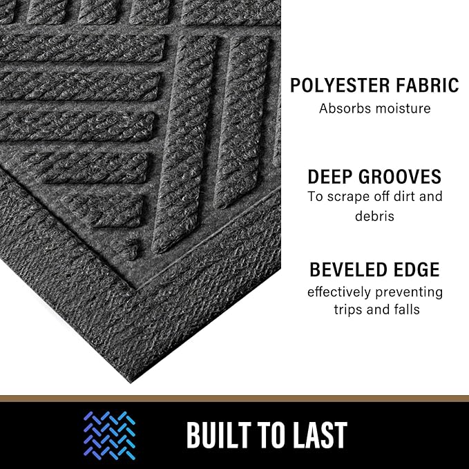 PLEASOR Front Door Mat Outside Entrance, Dirt Resistant and Absorbent Welcome Door Mat Outdoor Indoor, Sturdy Non-Slip Backing Entry Mat, Fade Resistant, Low Profile Doormat for Entryway, 36x24, Grey
