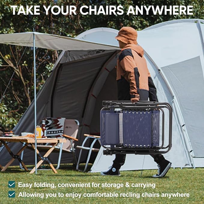 NEWBULIG Zero Gravity Chair Set of 2, Lounge Chair Folding Portable Adjustable Camping Reclining Chairs with Adjustable Pollow, Mesh Back, Cup Holder Trays Lawn Patio Chair for Pool Beach