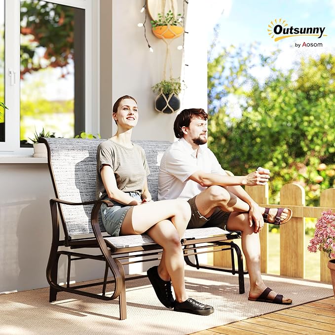Outsunny 2-Person Outdoor Glider Bench，Patio Glider Loveseat Chair with Powder Coated Steel Frame，2 Seats Porch Rocking Glider for Backyard, Lawn, Garden and Porch, Mixed Gray
