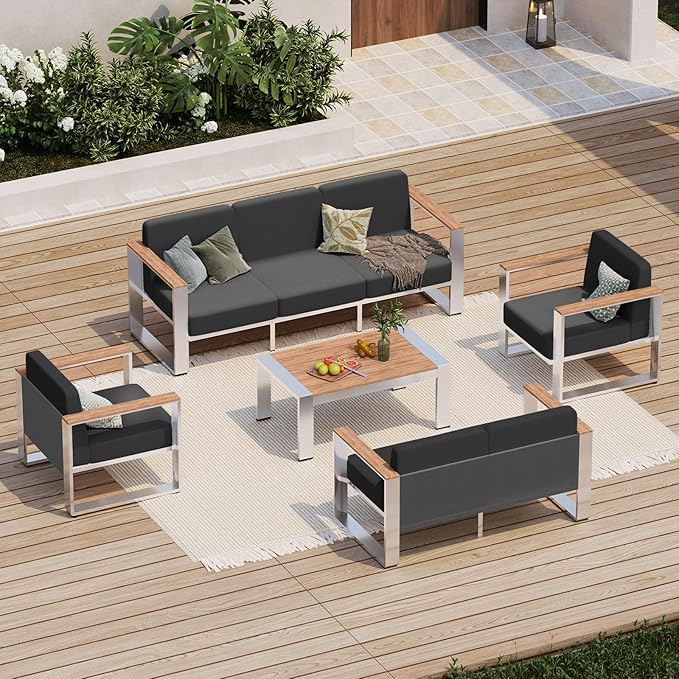 Patio Furniture Set, 5 Piece Aluminum Outdoor Furniture Set with Coffee Table, Wide Seat and Thick Cushions, Modern Outdoor Patio Conversation Sets for Deck, Porch (Teak-Charcoal)