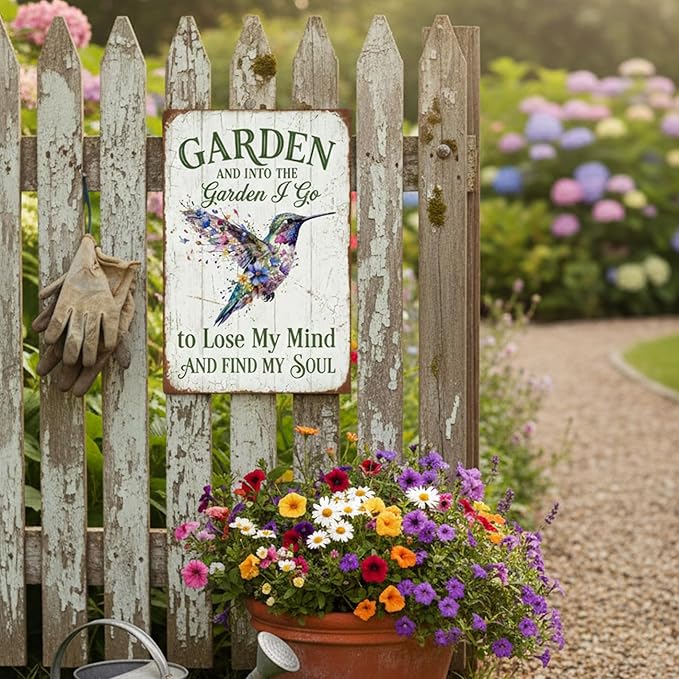 Vintage Hummingbird Garden Tin Sign - "Into The Garden I Go" Inspirational Quote - 8x12 Aluminum Floral Bird Wall Art - Rustic Farmhouse Patio Decor - Metal Sign Perfect Gardening Gift for Shed, Mom, Grandma