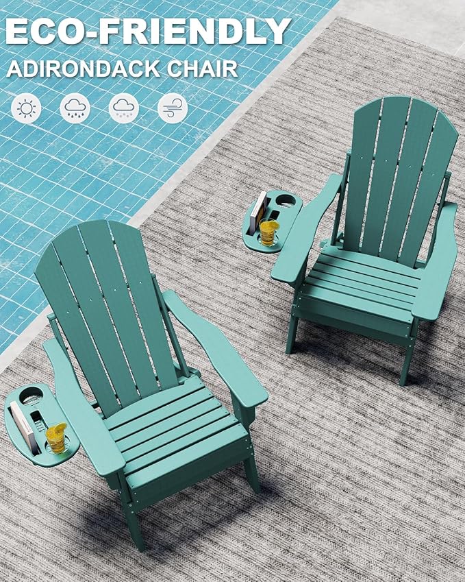 Adjustable Adirondack Chair Set of 4 with Cup Holder, All Weather HDPE Fire Pit Chairs for Deck, Backyard, Patio, Lake Blue
