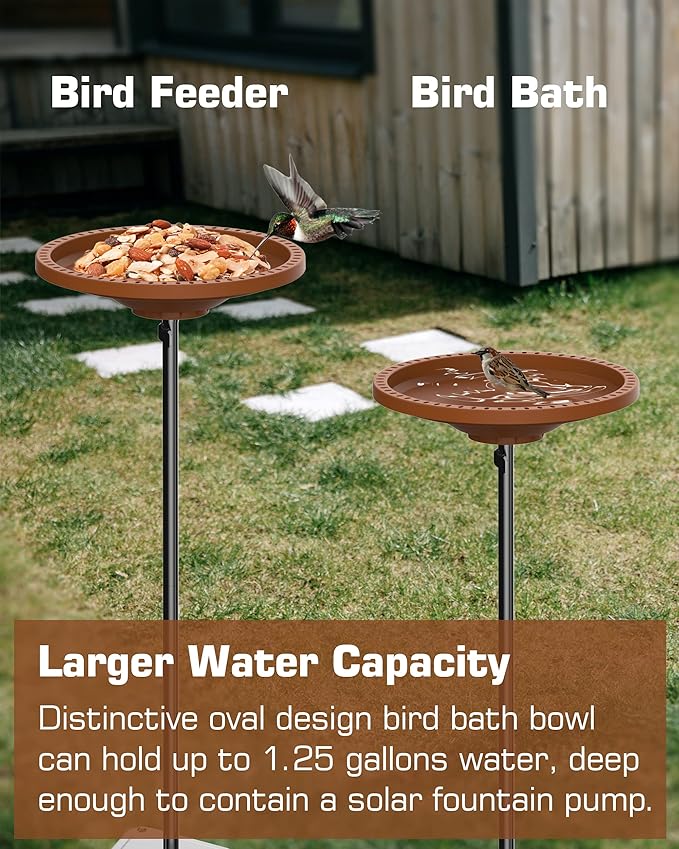 Bird Baths for Outdoors, Detachable Birdbaths for The Garden Clearance, Freestanding Bird Baths for Outdoors Heavy Duty, Bird Bath Bowl Spa & Birdfeeder with Metal Stake Stand, Circle Shape (Brown)