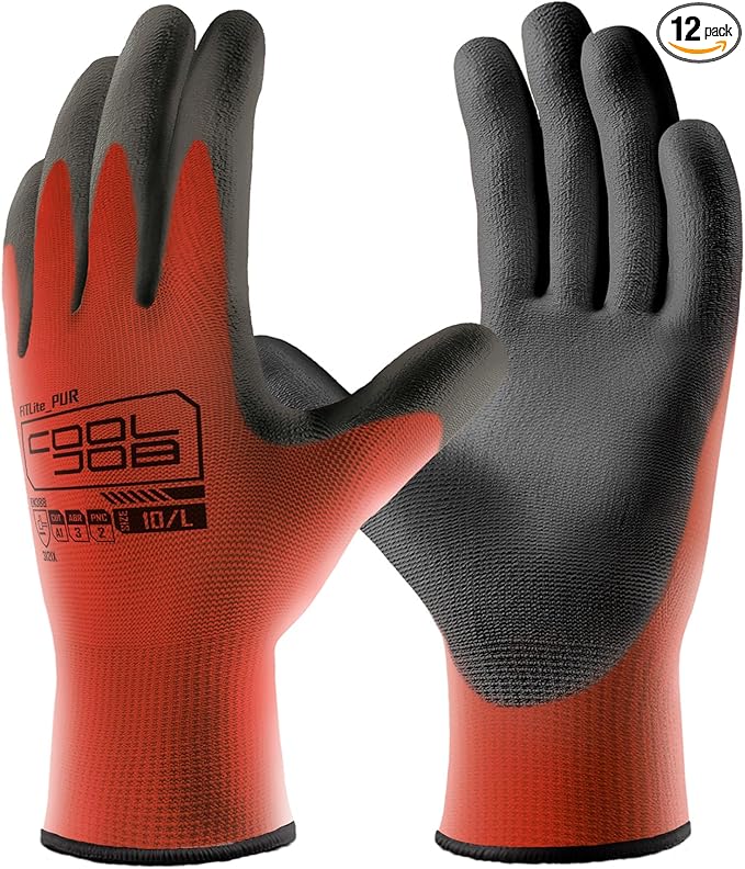 COOLJOB 12/60 Pairs Safety Work Gloves Pack Bulk with Grip PU Coating, 13 Gauge Seamless Knit Gloves with Polyurethane Dipped for Warehouse Working, Breathable Lightweight for Men Women, Red Small