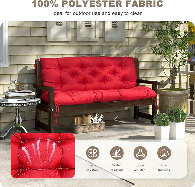 Porch Swing Cushion with Backrest,Waterproof Bench Cushion for Outdoor Furniture,2-3 Seater Replacement Thickened Swing Cushion with Ties,Patio,Outdoor,Backyard and Garden (Red,47x40)