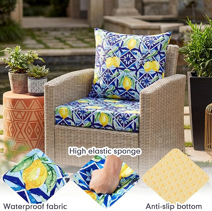 Hoteam 4 Set Outdoor Chair Patio Cushions Deep Seat Waterproof Chair Cushions 20 x 20 Inch for Patio Furniture Set Replacement Removable Seat and Back(Lemon)