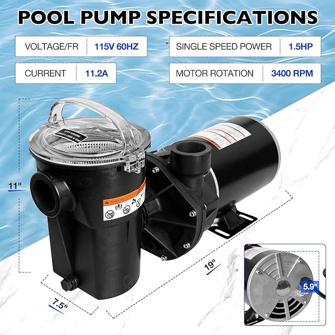 Pool Pump 1.5 HP Replacement for Hayward Power Flo LX Series W3SP1580X15, Above Ground Swimming Pool Pump Motor – Single Speed 115V 48Y Frame