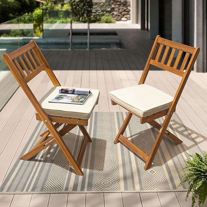 IDZO Serene Bistro Set – 2-Piece Foldable Acacia Wood Chairs with Cushions, FSC-Certified Durable Construction, Space-Saving Outdoor Seating for Balcony, Garden, Patio, or Porch