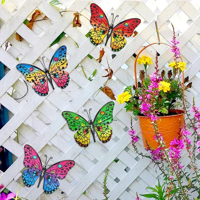 Metal Butterfly Wall Decor - 9.6" Outdoor Fence Wall Art Decor, Hanging Decoration for Garden Yard Living Room Bedroom Patio Balcony(4 Pack)