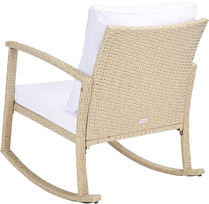SAFAVIEH Outdoor Collection Daire Woven Beige/White Cushion Rocking Chair for Patio Porch Backyard Sunroom