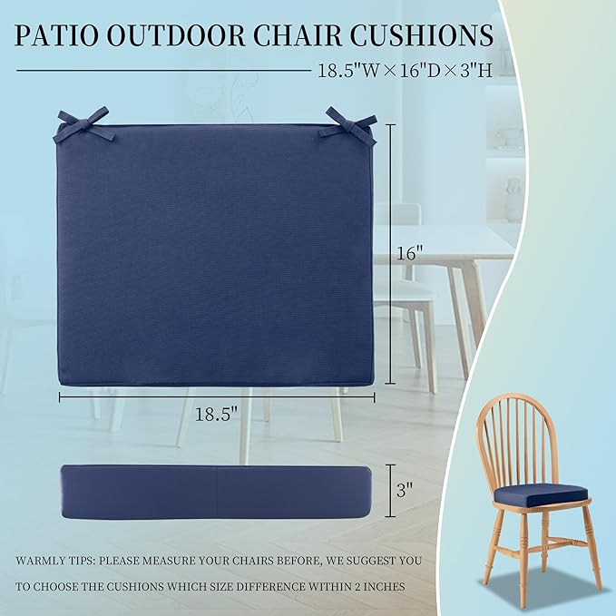 coolboss Outdoor Chair Cushions Set of 4, Outdoor Cushions for Patio Furniture, Water Resistant Chair Cushions for Outdoor Furniture Square Corner Patio Cushions with Non-Slip Ties, 18.5"x16"x3, Navy