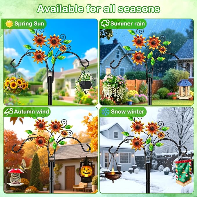 Double Shepherds Hooks for Outdoor, 2 Pack 78 Inch Bird Feeder Pole with 5 Prongs Base, Adjustable Heavy Duty Plant Hangers Sunflower Art for Outdoor Plants Hummingbird Feeder Hanging Basket Lantern