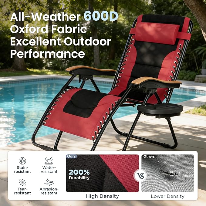 PHI VILLA XXL Oversized Padded Zero Gravity Chair, Foldable Patio Recliner, 30" Wide Seat Anti Gravity Lounger with Cup Holder, Support 400 LBS (Red)
