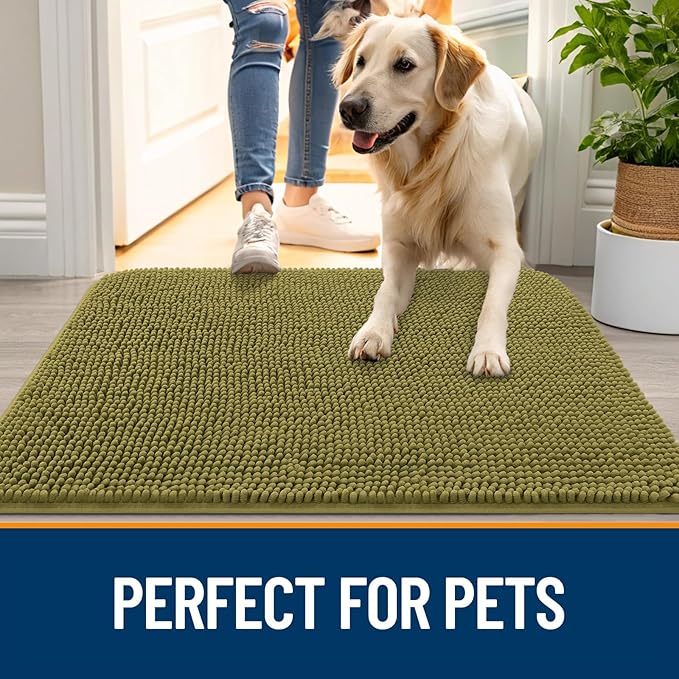 OLANLY Dog Door Mat for Muddy Paws 34x21, Absorbs Moisture and Dirt, Absorbent Non-Slip Washable Doormat, Quick Dry Chenille Mud Mat, Entry Indoor Entryway Carpet for Inside Floor, Willow Green