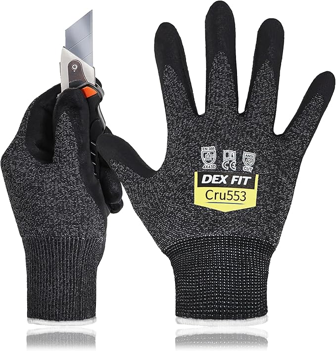 DEX FIT Level 5 Cut Resistant Gloves Cru553, 3D-Comfort Stretchy Fit, Power Grip, Professional Grade, Thin, Touch-Screen Compatible, Durable, Machine Washable; Black Grey S (7) 12 Pairs