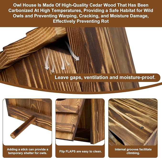 Owl Houses for Outdoors， 16.1x11.8x9.5 inch Large Carbonized Barred Owl Nesting Box, Waterproof & Ventilated Design, Ideal for Owls, Wildlife, Garden Decoration