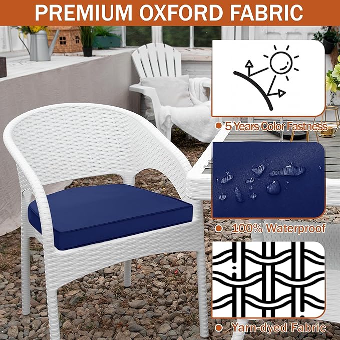Outdoor Chair Cushions Set of 4 Waterproof Patio Chair Cushions with Tie 5 Year Color Fastness Thick Outdoor Seat Cushion for Garden Lawn Round Corner Navy 17x16 Inch