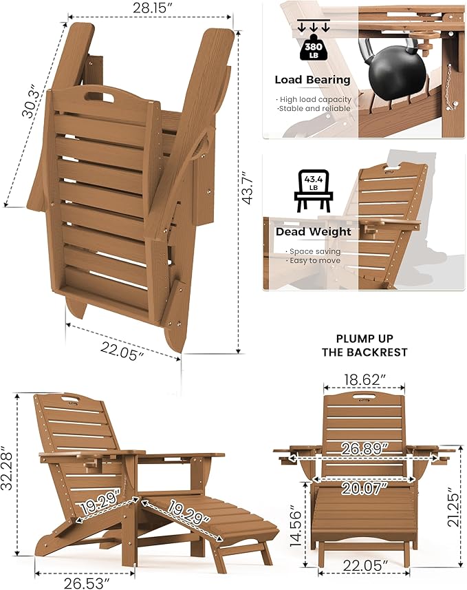 Ciokea Folding Adirondack Chair Set of 4 with Retractable Ottoman Fire Pit Patio Chair with Pull Out Foot Rest Weather Resistant Lawn Outdoor Chair with 2 Cup Holder (Teak)