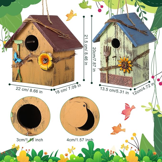 2 Pcs Decorative Birdhouse for Yard Outside Hanging Wooden Birdhouse Hand Painted Bird Box for Bird Lovers Bluebird Tree Swallow Wild Chickadee Garden Decor(Blue,Yellow,Wooden Roof)