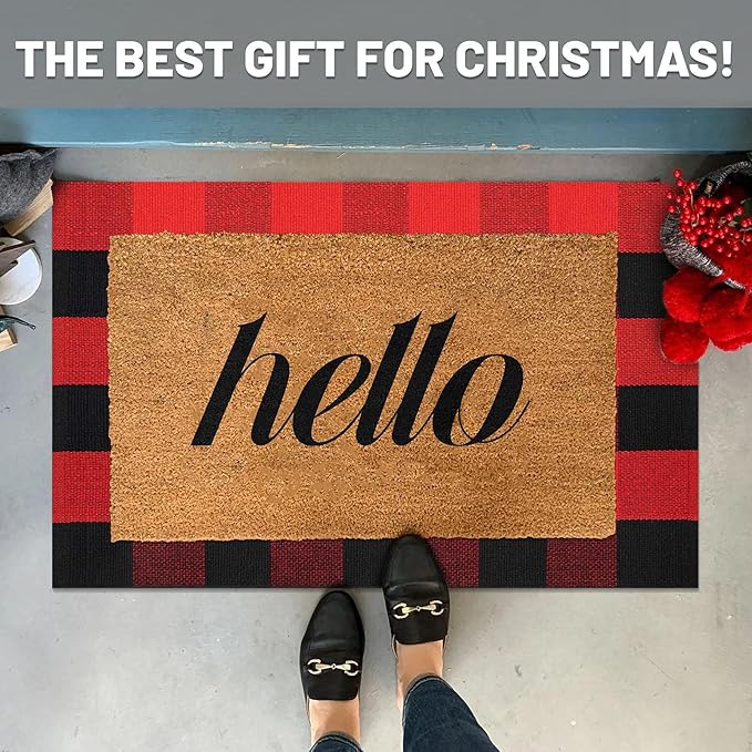 IOHOUZE Christmas Buffalo Plaid Rug 2x3 Ft Outdoor Indoor Doormat Red Black Checker Washable Area Rug Woven Cotton Checkered Front Porch Mat Christmas Decor for Front Door Entryway Home Entrance