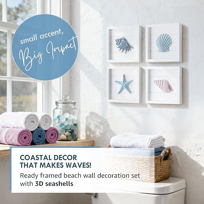 Tide and Tales 3D Seashells & Starfish Coastal Wall Art Decor (Framed Set of 4) Beach Wall Decor for Bathroom or Coastal Bedroom - Ocean Inspired Seaside Decorations for Home or Beach House (7"x7")