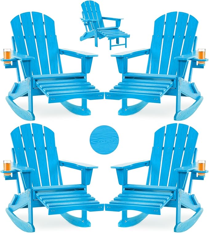 Folding Adirondack Rocking Chair Set of 4,4-in-1 Multifunctional Patio Chairs with Retractable Ottoman, Outdoor Chairs Wood Texture, Lawn Chair for Porch, Backyard, Pool(Pacific Blue)