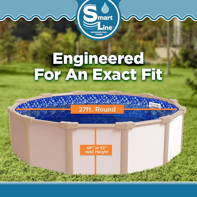 Smartline 27 ft Round Swimming Pool Liner | Tidal Surge | Overlap Style | 48-52 Inch Wall Height | 20 Gauge Heavy Duty Virgin Vinyl | Designed for Steel Sided Above Ground Swimming Pools