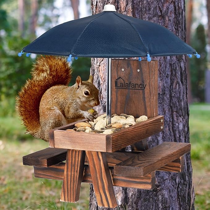 Squirrel Feeder Picnic Table with Umbrella, Lalafancy Carbonized Wood Squirrel Feeder for Outside Funny Chipmunk Feeder with Corn Cob Holder Structure Solid for Squirrel Gift