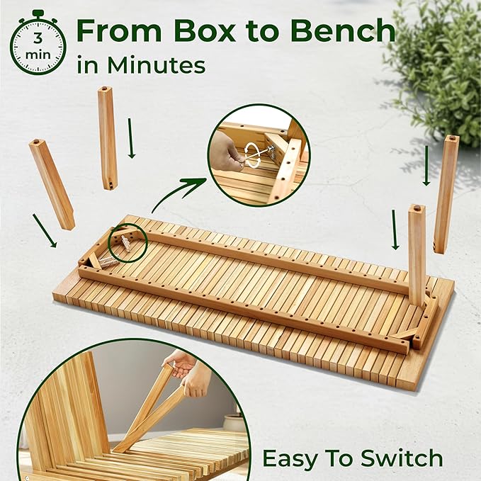 Melino Wooden Outdoor Slat Bench, 2 in 1 Convertible Bench to Table, Acacia Solid Wood Construction for Patio, Garden and Entryway, 47 Inch