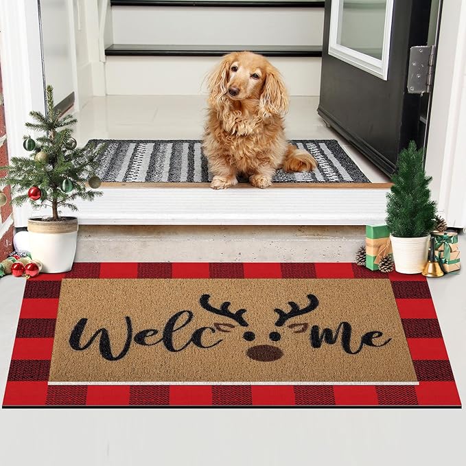 Tinideya 2 Pcs Christmas Door Mat Brown Elk Welcome Non Slip Coir Mats Merry Xmas Black Red Buffalo Plaid Floor Layering Doormats Seasonal for Front Porch Entryway Decor(Brown Elk)