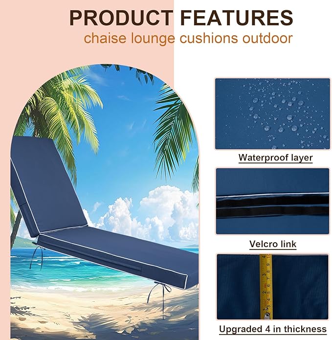 Chaise Lounge Cushions Outdoor Set of 2, Waterproof & Fade Resistant Patio Lounger Cushions, Replacement Sun Lounger Pads with Removable Cover for Pool, Deck, Lawn Furniture