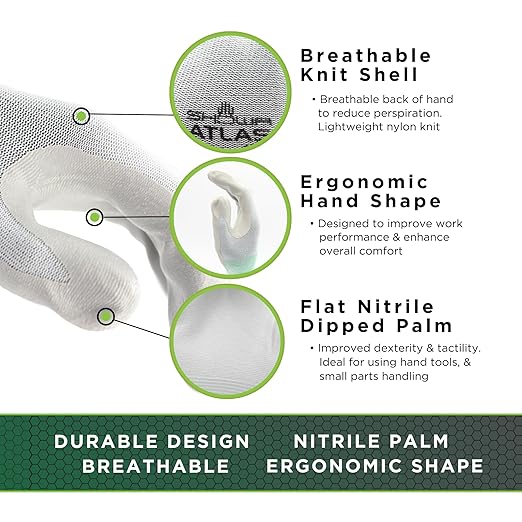 SHOWA Atlas 370 Nitrile Palm Coated General Purpose Work Gloves with Nylon Liner, White, Small (12 Pair)