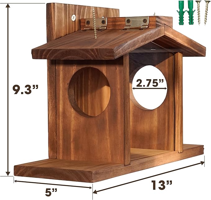 MIXUMON Wood Squirrel Feeder, Squirrel Feeders for Outside Winter, Wooden Chipmunk Feeder for Corn, Peanuts, Durable Box Easy to Fill with Removable Front Panel (Style 2)