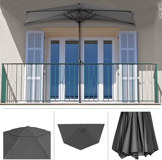 Half Umbrella Outdoor Patio Shade - 9 ft Patio Umbrella with Easy Crank - Small Canopy for Balcony, Table, or Deck by Pure Garden (Gray)