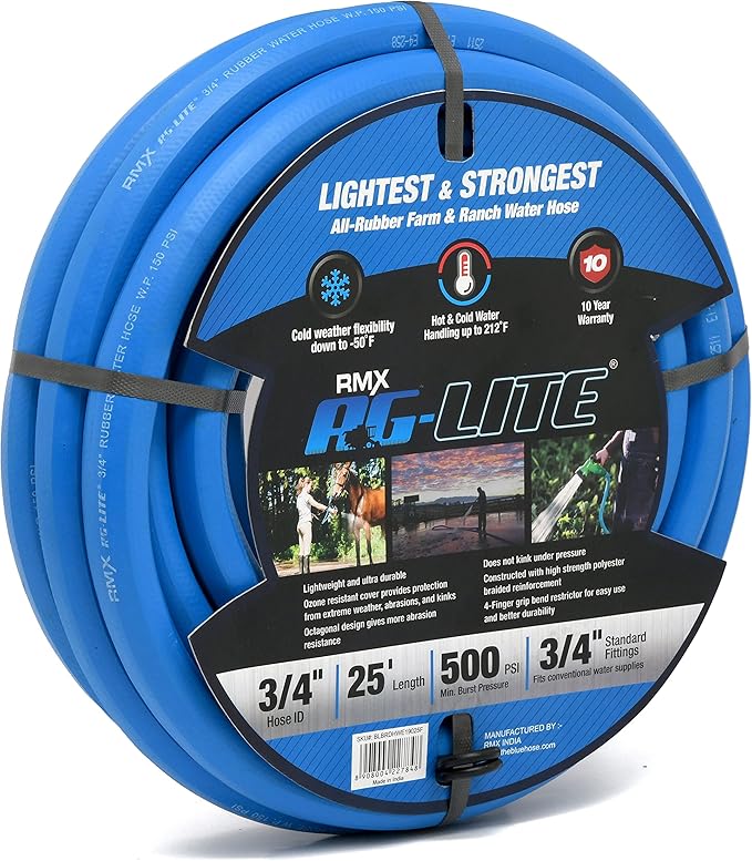 AG-LITE BSAL5810 5/8" x 10' Hot/Cold Water Rubber Garden Hose, 100% Rubber, Ultra-Light, Super Strong, 500 PSI, 50F to 190F Degrees, High Strength Polyester Braided