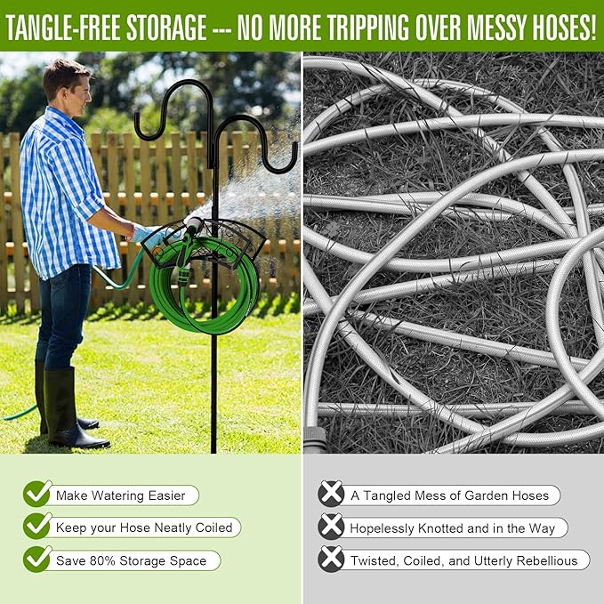 Garden Hose Holder, Upgraded Water Hose Holder, 2-in-1 Heavy Duty Hose Stand, 88Inch Freestanding Hose Hanger, Detachable Garden Hose Storage Rack with Adjustable Shepherds Hooks, Bird Feeder Pole