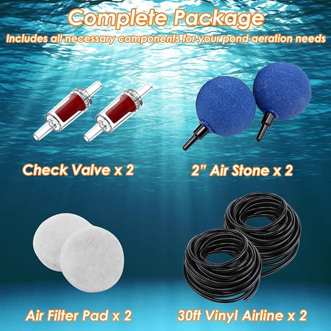 Pond Aerator Pump Pond Aeration Kit with Check Valves Air Stones Airline Tubing, All-in-1 Pond Air Pumps for Outdoor Ponds up to 1000 Gallon