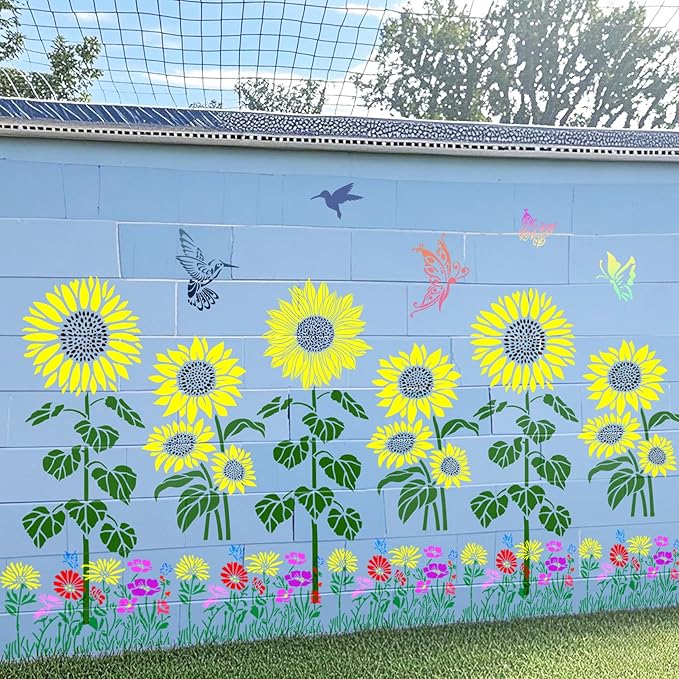 Large Sunflower Stencil Fence Stencils for Outdoors Reusable Floral Templates Large Flower Stencils for Painting on Wood Fence Garden Wall Mural DIY Crafts Canvas Fabric Furniture(sunflower9)