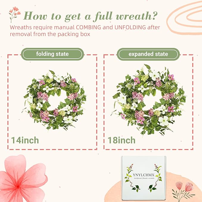 YNYLCHMX 18" Spring Summer Wreaths for Front Door, Artificial Floral Wreath with Pink Hydrangea Green Eucalyptus Leaves, Green Foliage Wreath for Wall Window Farmhouse Party Holiday Home Decor