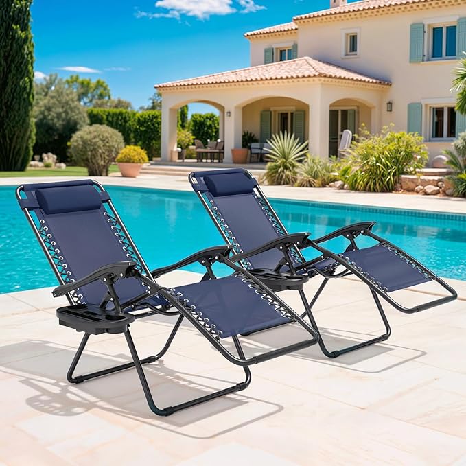 Magshion Zero Gravity Lounge Chairs Set of 2, Outdoor Patio Reclining Chair with Side Tray, Adjustable Anti-Gravity Recliners with Pillow Headrest, Folding Lounger for Lawn Camping Beach, Navy Blue