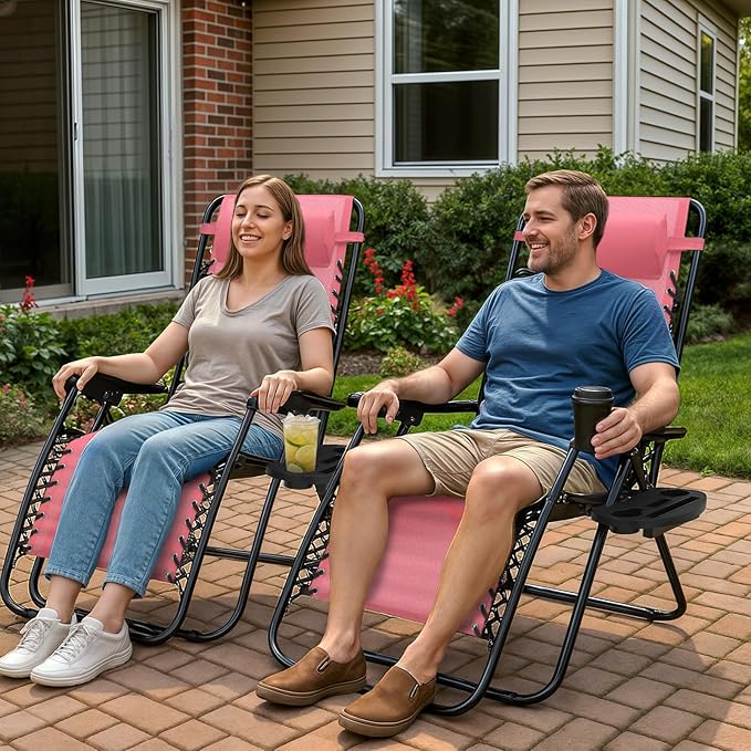 Magshion Zero Gravity Lounge Chairs Set of 2, Outdoor Patio Reclining Chair with Side Tray, Adjustable Anti-Gravity Recliners with Pillow Headrest, Folding Lounger for Lawn Camping Beach, Pink