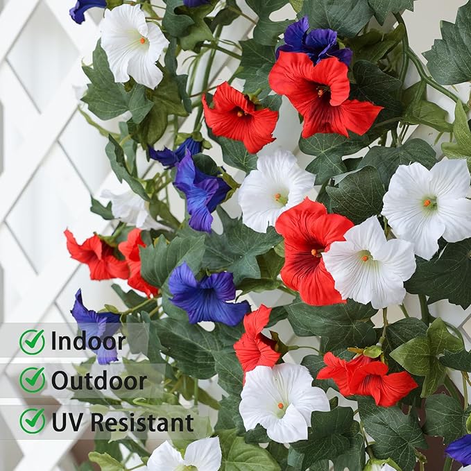Mizii Artificial Petunias Flower Vines Garland 6 Feet Blue Faux Morning Glory Silk Flowers Garland UV Resistant Fake Hanging Vines Plants Decorations for Outdoor Garden Indoor Home Decor (Blue)